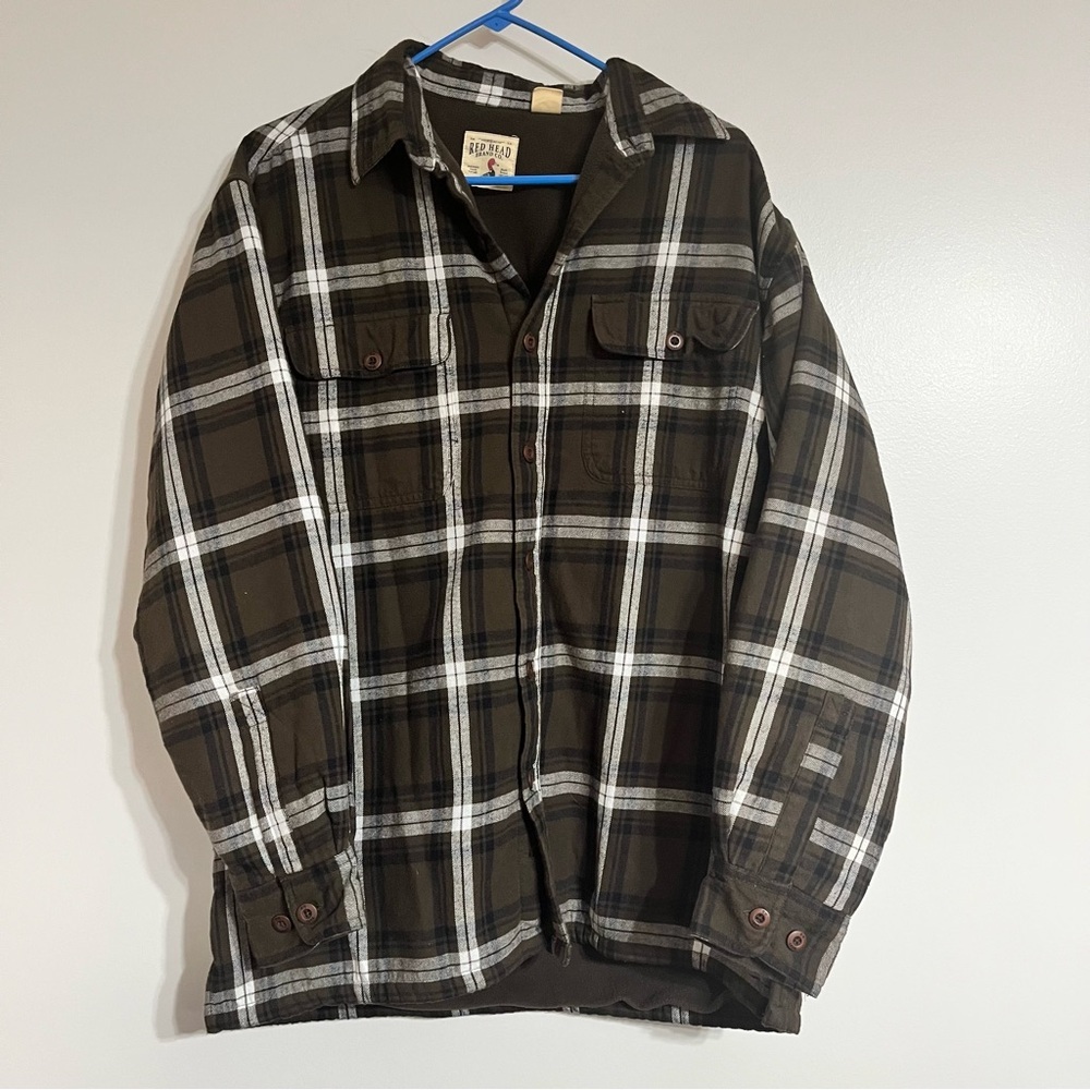 Red Head Sherpa Lined Shacket Jacket Men's Medium Plaid‎ Button Up Jacket Brown